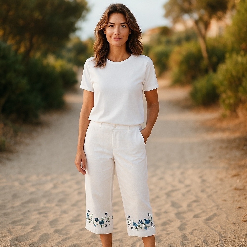 DRESS BARN WHITE LINEN CLASSIC TAILORED BLUE FLORAL EMBROIDERED CAPRIS SIZE 6 - Picture 3 of 8